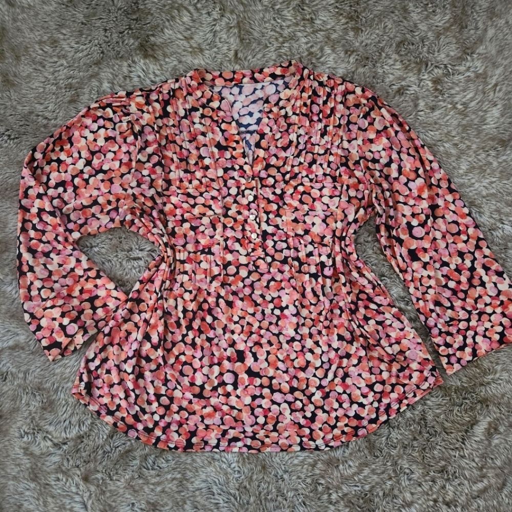 Unbranded Pleated Front Pink and White‎ Spotted Long Sleeve Blouse